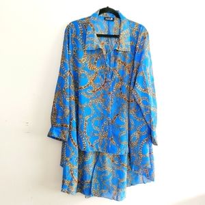 HAHA Cobalt Chain Print Trapeze Long Sleeve Blouse Top EUC Women's Plus Size 2X